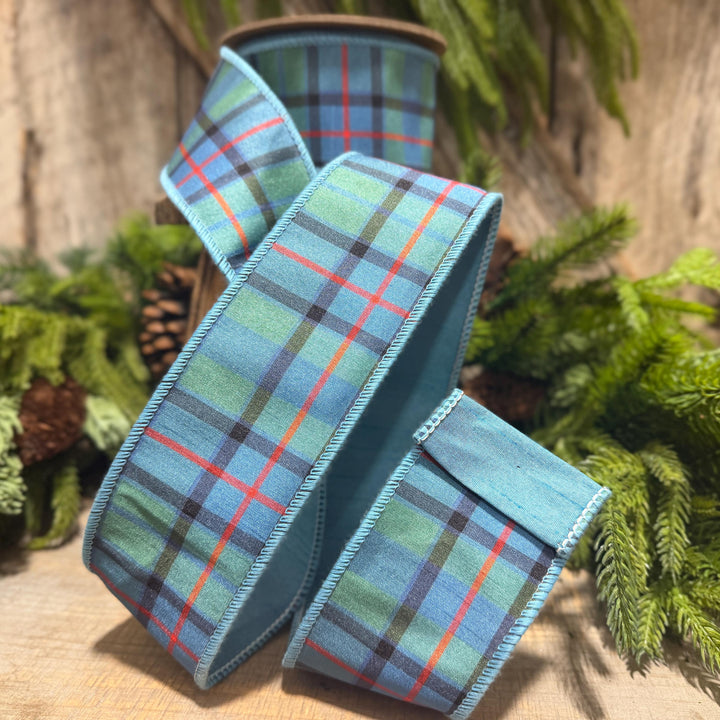 2.5" Dusty Blue Tartan Plaid Ribbon, Christmas Plaid Wired Ribbon, Blue Chirstmas Plaid RIbbon