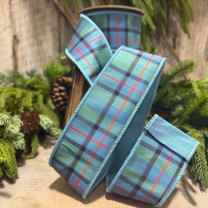2.5" Dusty Blue Tartan Plaid Ribbon, Christmas Plaid Wired Ribbon, Blue Chirstmas Plaid RIbbon