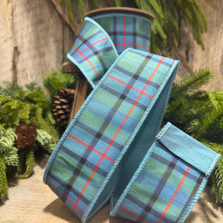 2.5" Dusty Blue Tartan Plaid Ribbon, Christmas Plaid Wired Ribbon, Blue Chirstmas Plaid RIbbon