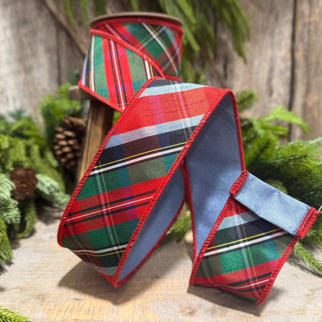 2.5" Traditional Christmas Plaid Ribbon, Wired Ribbon, Red Blue Chirstmas Plaid RIbbon