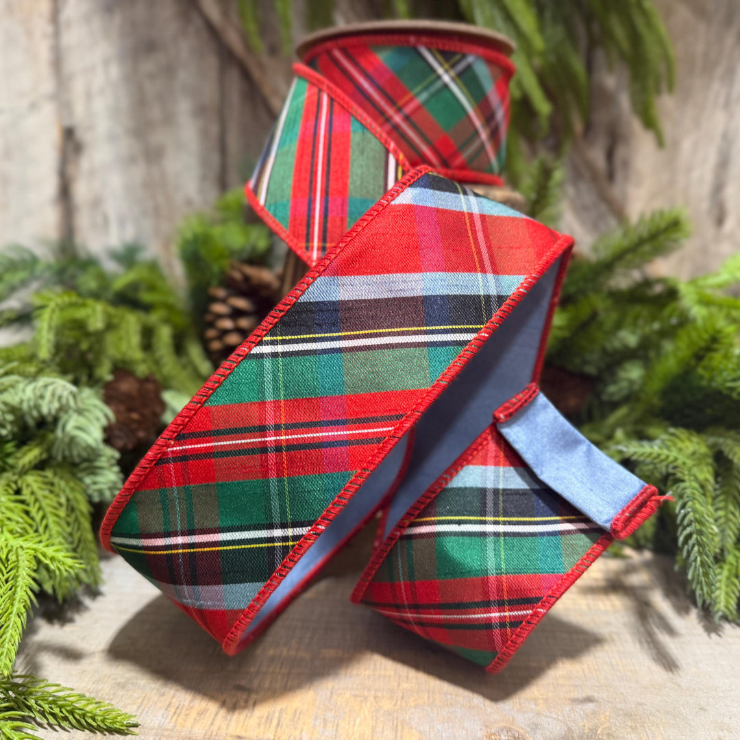 2.5" Traditional Christmas Plaid Ribbon, Wired Ribbon, Red Blue Chirstmas Plaid RIbbon