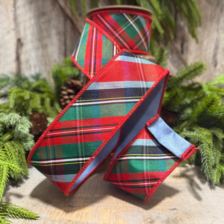 2.5" Traditional Christmas Plaid Ribbon, Wired Ribbon, Red Blue Chirstmas Plaid RIbbon