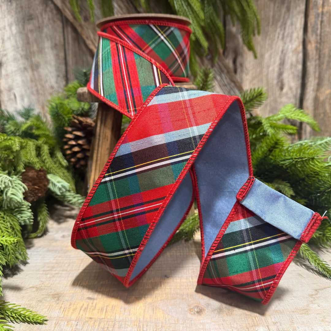 2.5" Traditional Christmas Plaid Ribbon, Wired Ribbon, Red Blue Chirstmas Plaid RIbbon