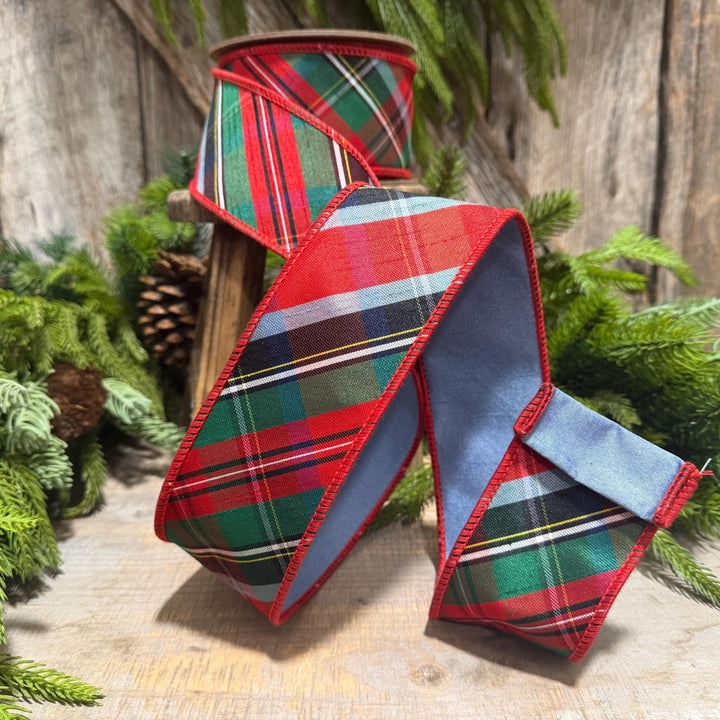 2.5" Traditional Christmas Plaid Ribbon, Wired Ribbon, Red Blue Chirstmas Plaid RIbbon