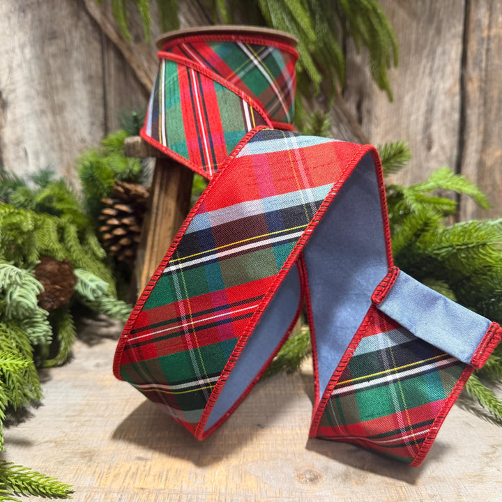 2.5" Traditional Christmas Plaid Ribbon, Wired Ribbon, Red Blue Chirstmas Plaid RIbbon