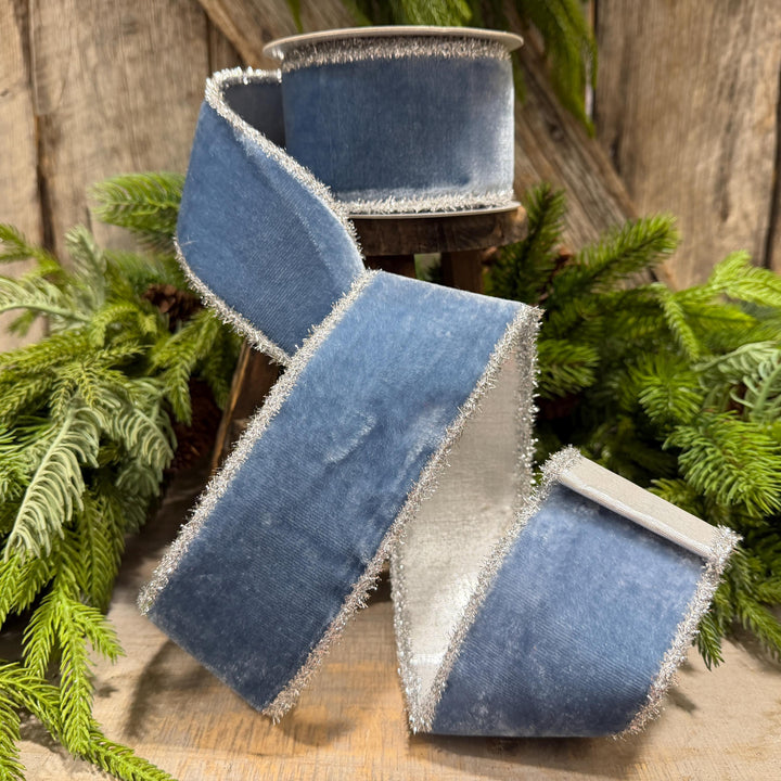 2.5" Steel Blue Velvet Ribbon, Dusty Blue Velvet Ribbon, Christmas Ribbon