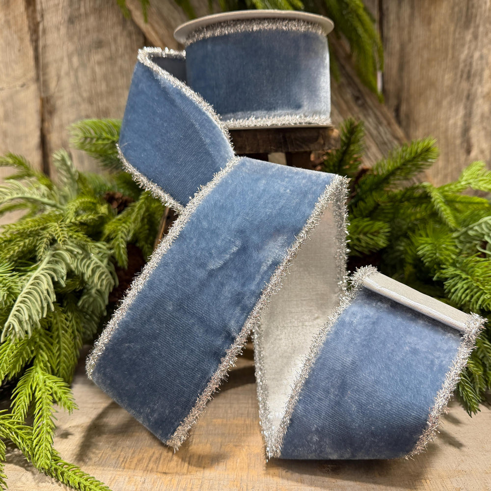 2.5" Steel Blue Velvet Ribbon, Dusty Blue Velvet Ribbon, Christmas Ribbon