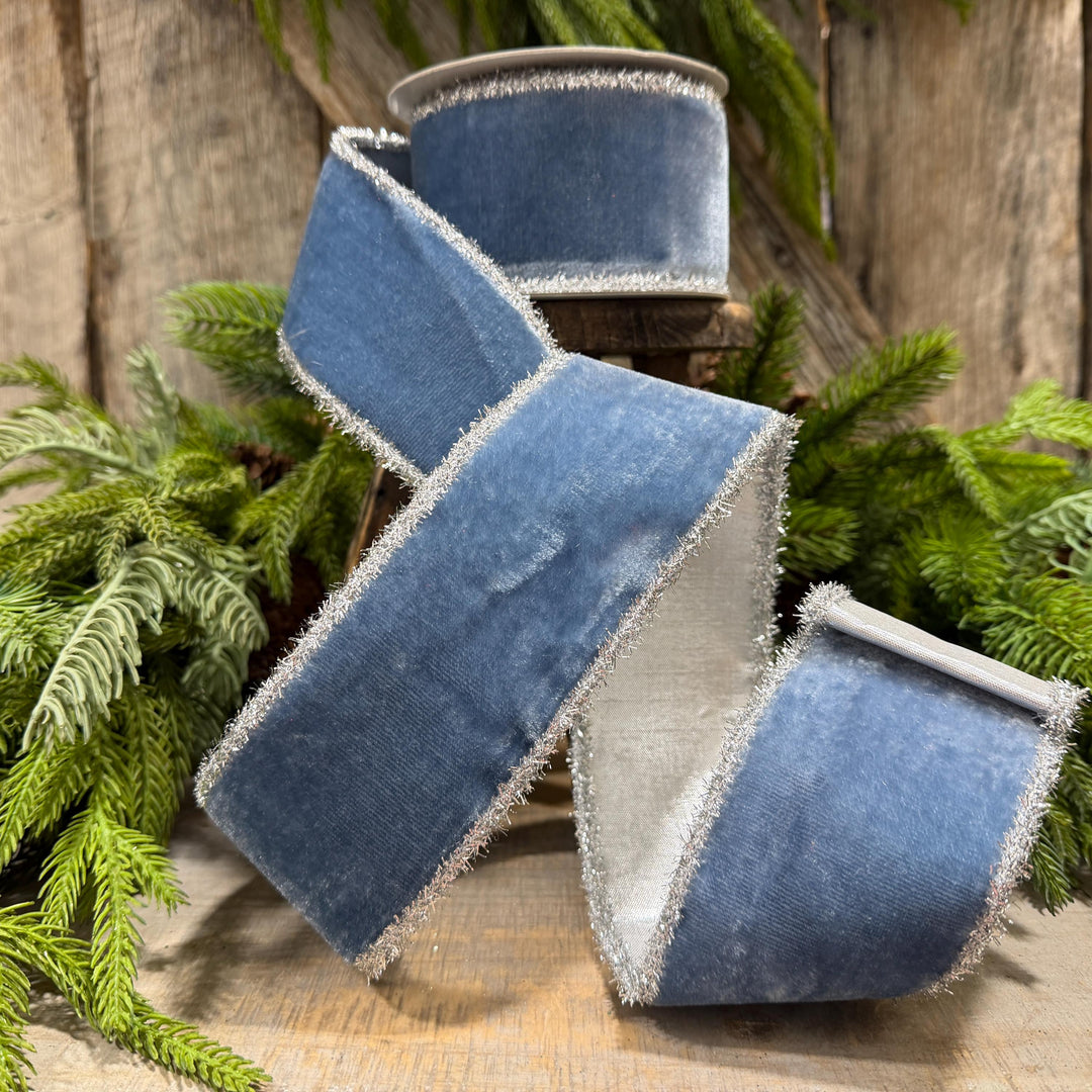 2.5" Steel Blue Velvet Ribbon, Dusty Blue Velvet Ribbon, Christmas Ribbon