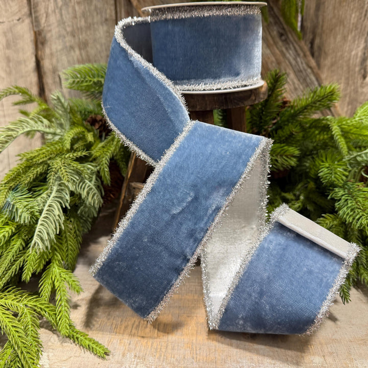 2.5" Steel Blue Velvet Ribbon, Dusty Blue Velvet Ribbon, Christmas Ribbon
