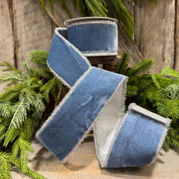 2.5" Steel Blue Velvet Ribbon, Dusty Blue Velvet Ribbon, Christmas Ribbon