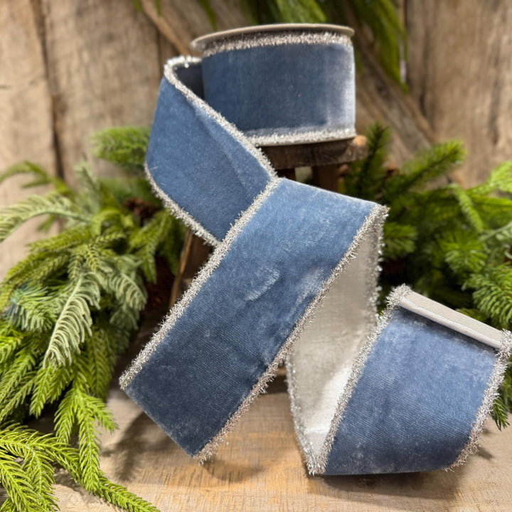 2.5" Steel Blue Velvet Ribbon, Dusty Blue Velvet Ribbon, Christmas Ribbon