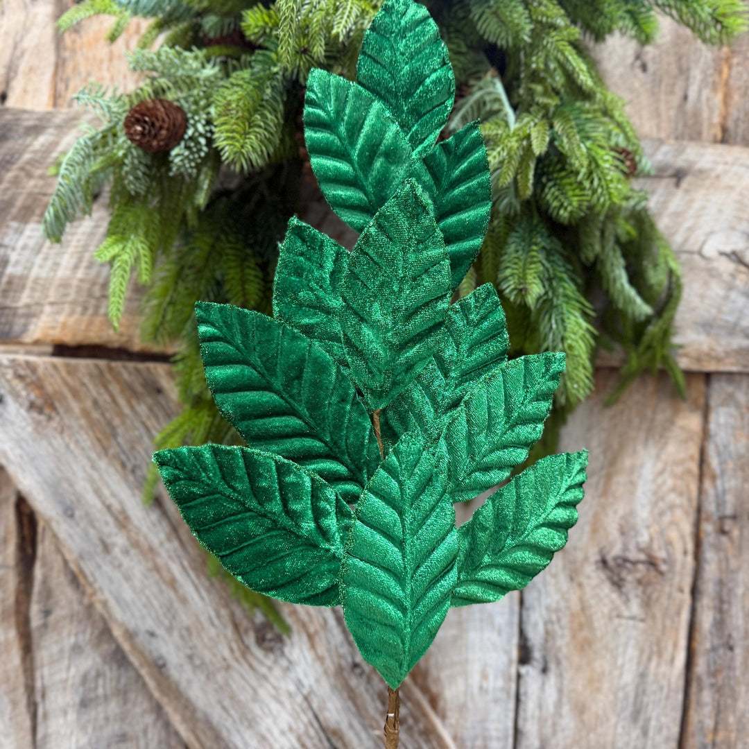 25" Emerald Green Velvet Leaf spray, Christmas Spray