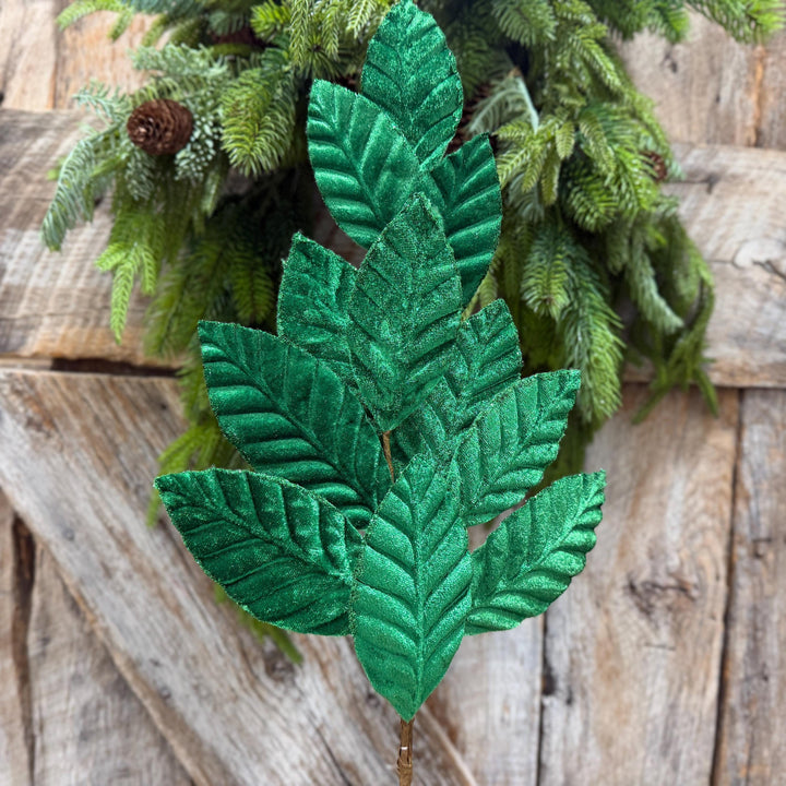 25" Emerald Green Velvet Leaf spray, Christmas Spray