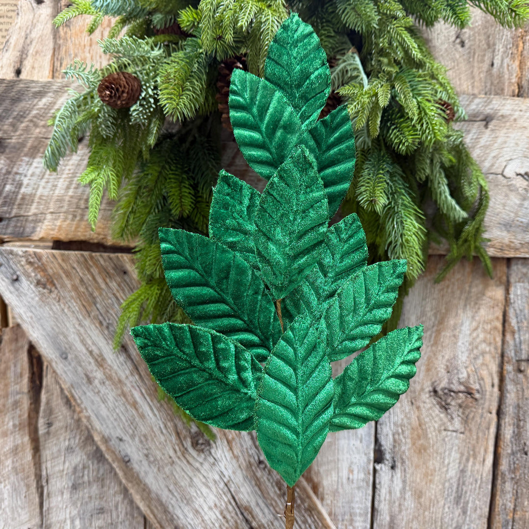 25" Emerald Green Velvet Leaf spray, Christmas Spray