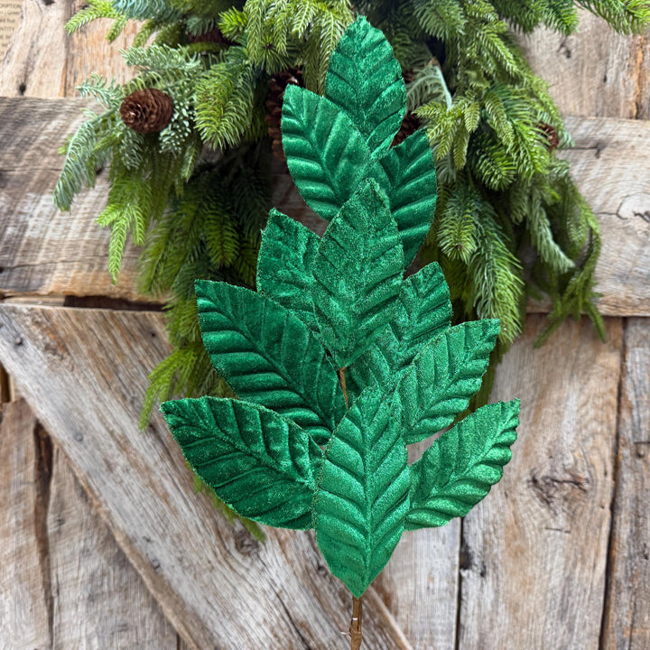 25" Emerald Green Velvet Leaf spray, Christmas Spray