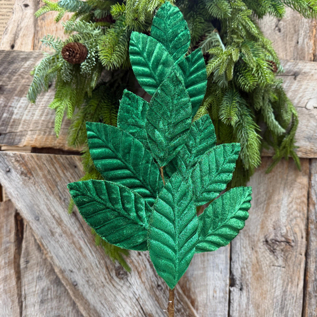 25" Emerald Green Velvet Leaf spray, Christmas Spray