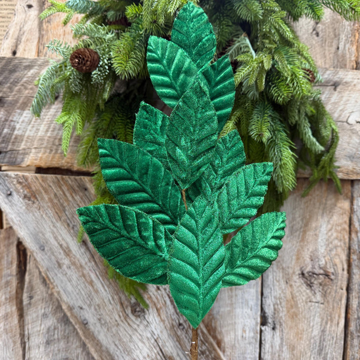 25" Emerald Green Velvet Leaf spray, Christmas Spray