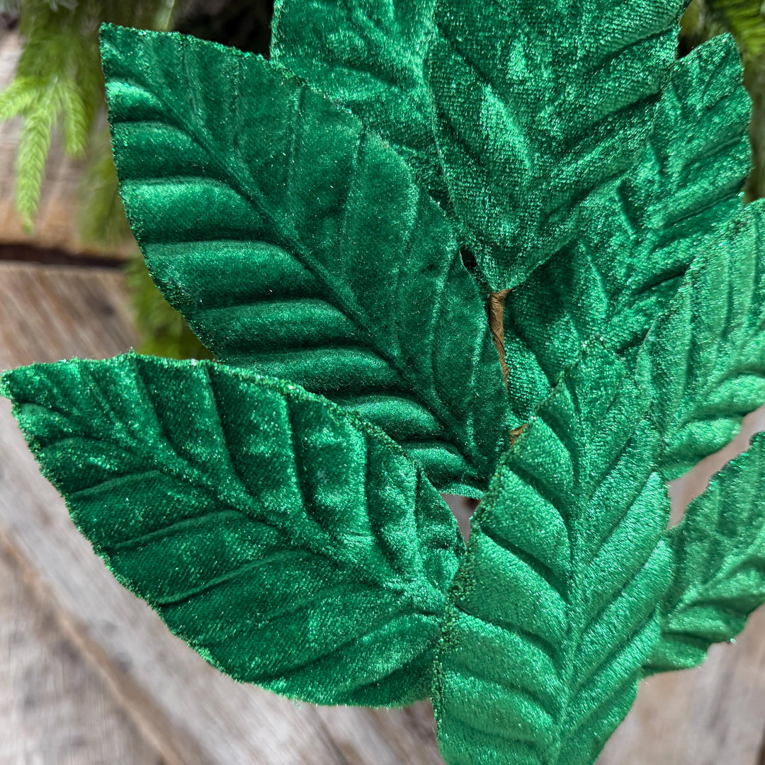25" Emerald Green Velvet Leaf spray, Christmas Spray