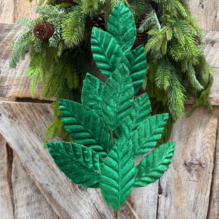 25" Emerald Green Velvet Leaf spray, Christmas Spray