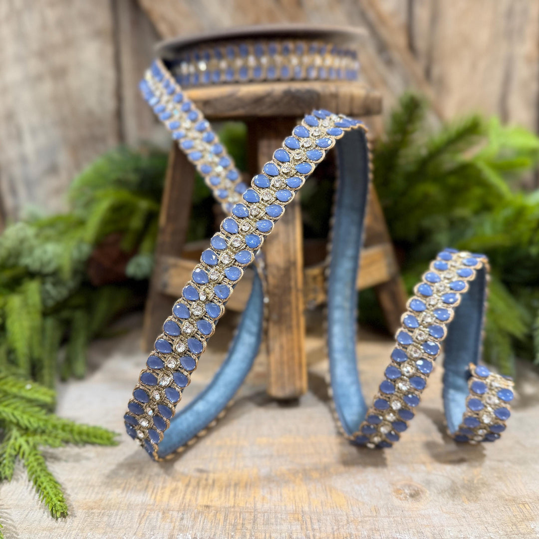 1" Steel Blue Jeweled Ribbon, Steel Blue Pendeloque Ribbon, Farrisilk, RK901-17