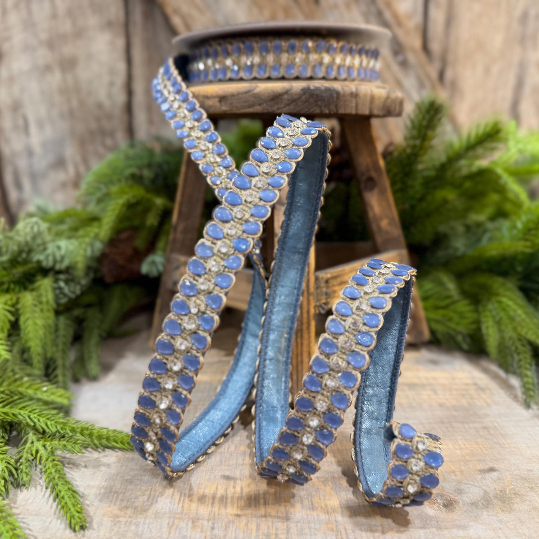 1" Steel Blue Jeweled Ribbon, Steel Blue Pendeloque Ribbon, Farrisilk, RK901-17