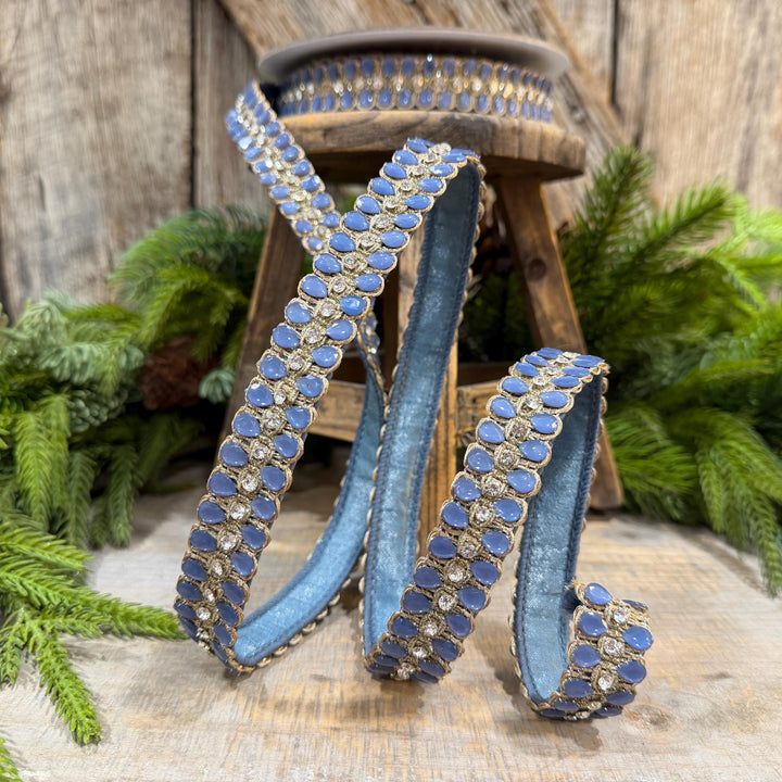 1" Steel Blue Jeweled Ribbon, Steel Blue Pendeloque Ribbon, Farrisilk, RK901-17