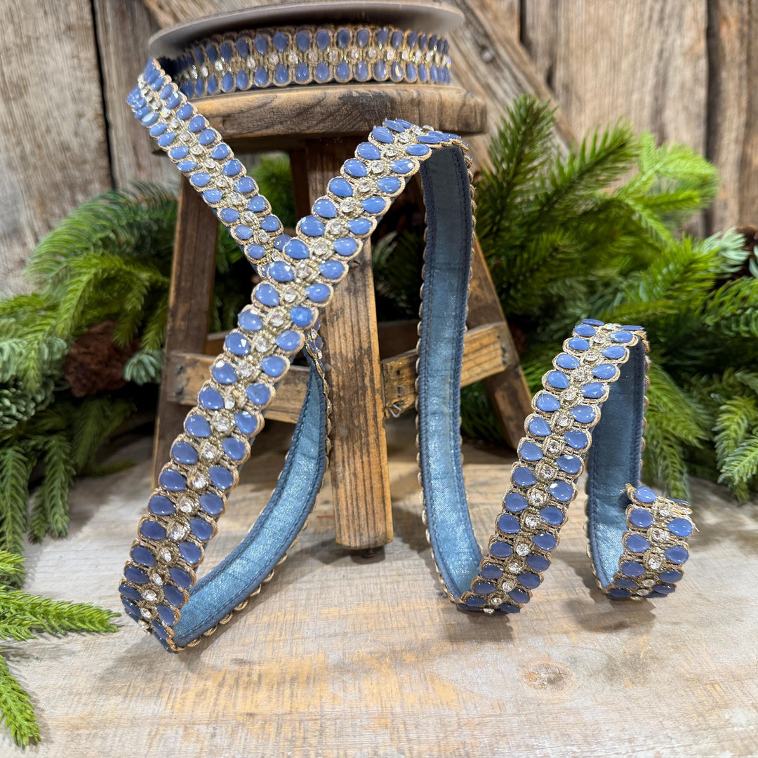 1" Steel Blue Jeweled Ribbon, Steel Blue Pendeloque Ribbon, Farrisilk, RK901-17