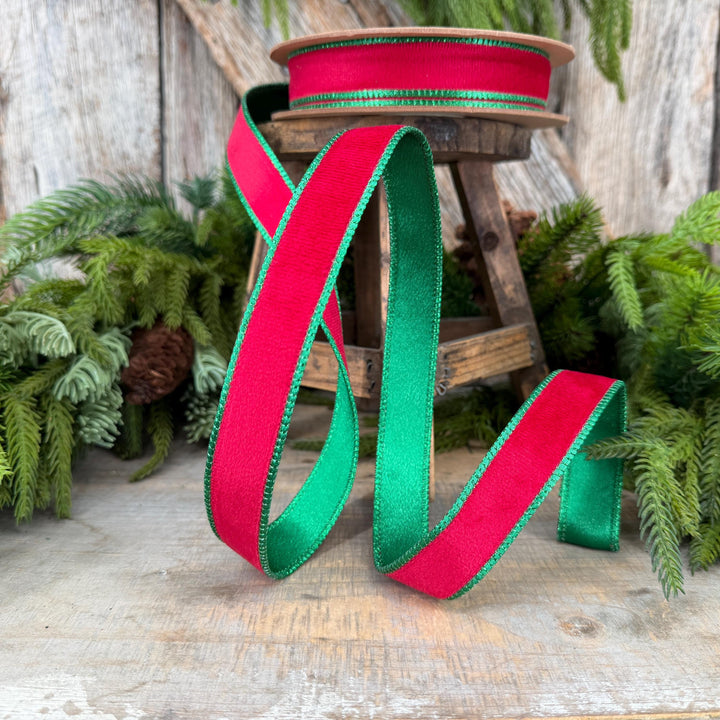 1" Red Green Velvet Ribbon, Red Velvet Ribbon, Christmas RIbbon