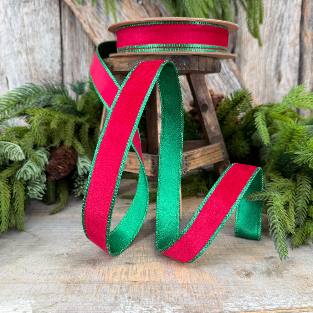 1" Red Green Velvet Ribbon, Red Velvet Ribbon, Christmas RIbbon
