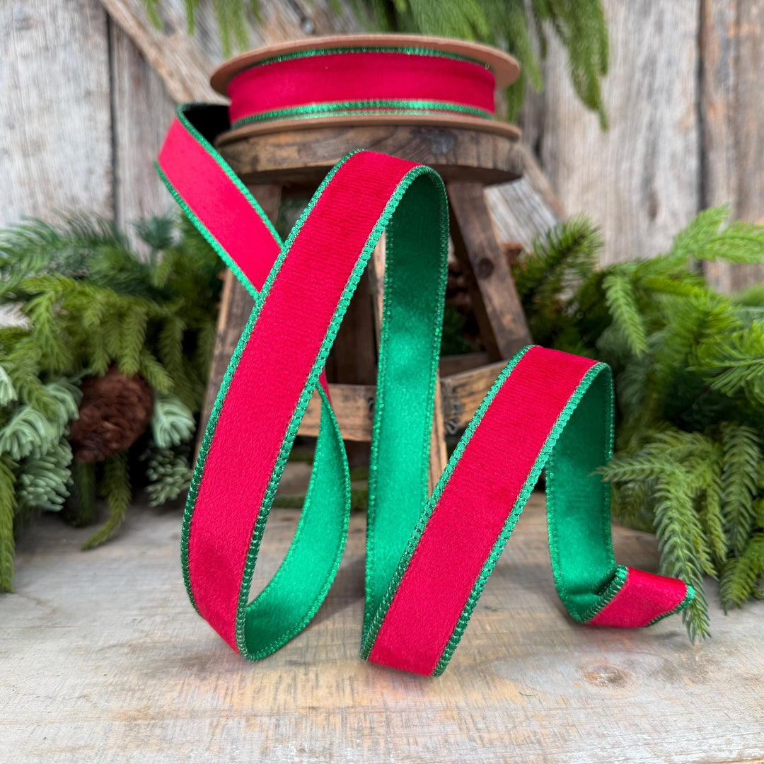 1" Red Green Velvet Ribbon, Red Velvet Ribbon, Christmas RIbbon
