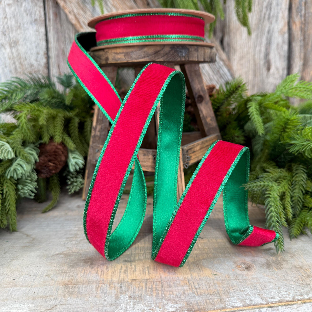 1" Red Green Velvet Ribbon, Red Velvet Ribbon, Christmas RIbbon