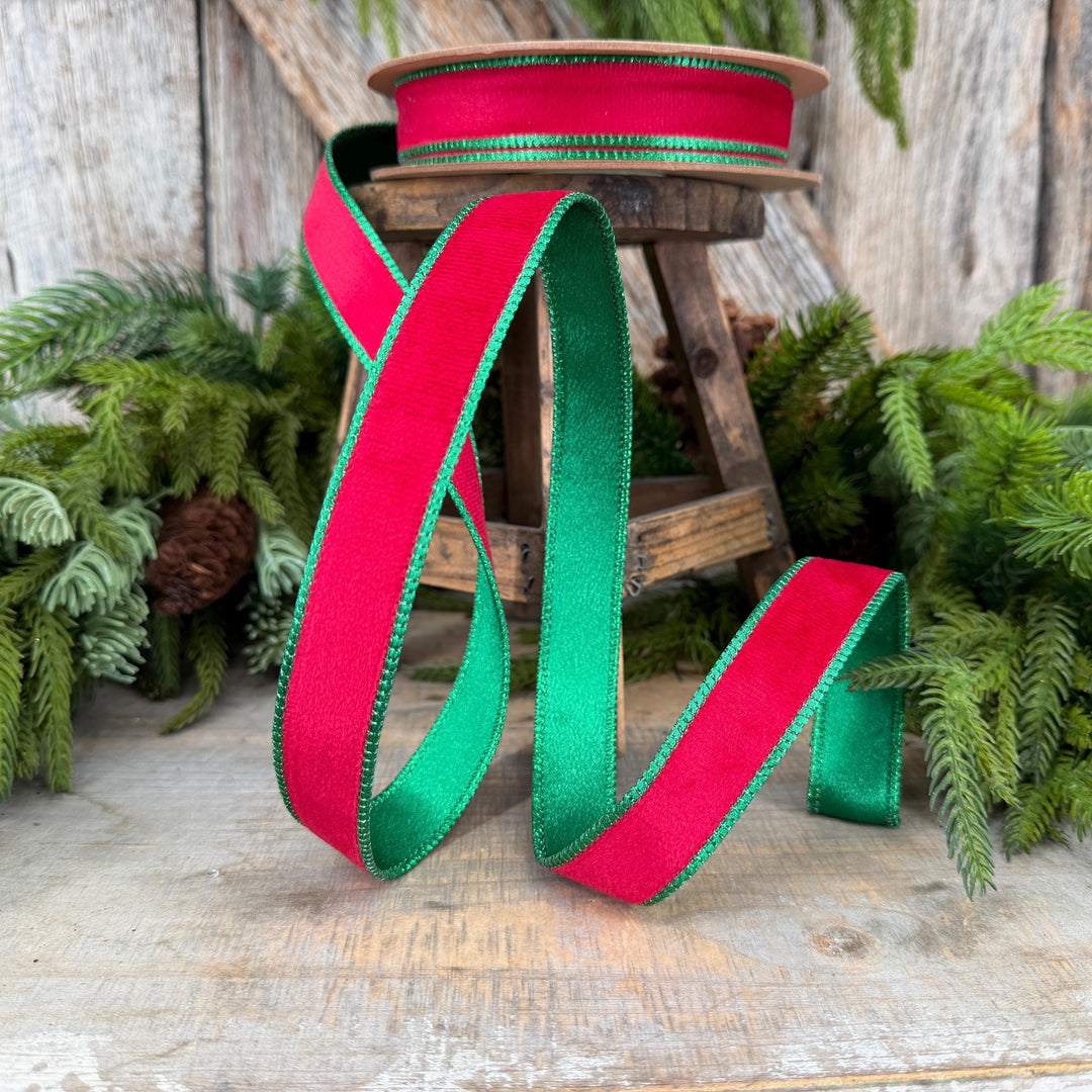 1" Red Green Velvet Ribbon, Red Velvet Ribbon, Christmas RIbbon