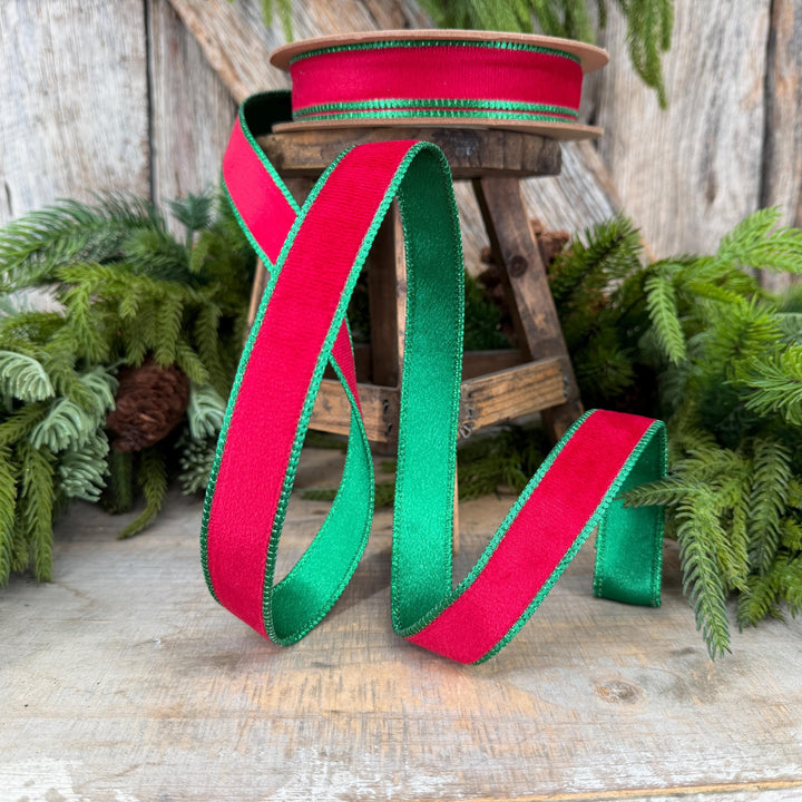 1" Red Green Velvet Ribbon, Red Velvet Ribbon, Christmas RIbbon