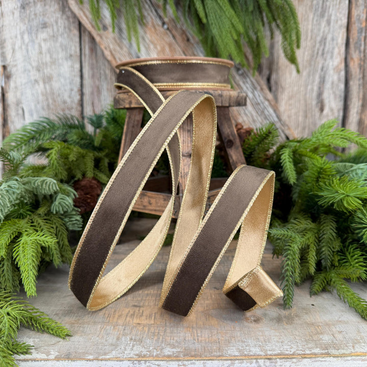 1" Taupe Brown Velvet RIbbon, Wired Ribbon, Brown Velvet Ribbon