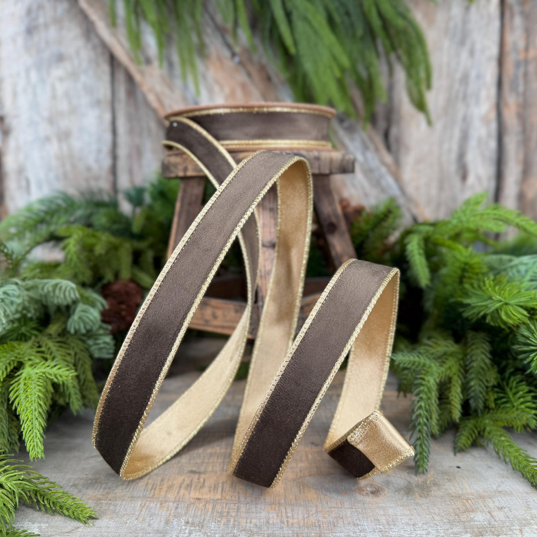1" Taupe Brown Velvet RIbbon, Wired Ribbon, Brown Velvet Ribbon