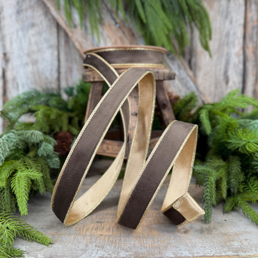 1" Taupe Brown Velvet RIbbon, Wired Ribbon, Brown Velvet Ribbon