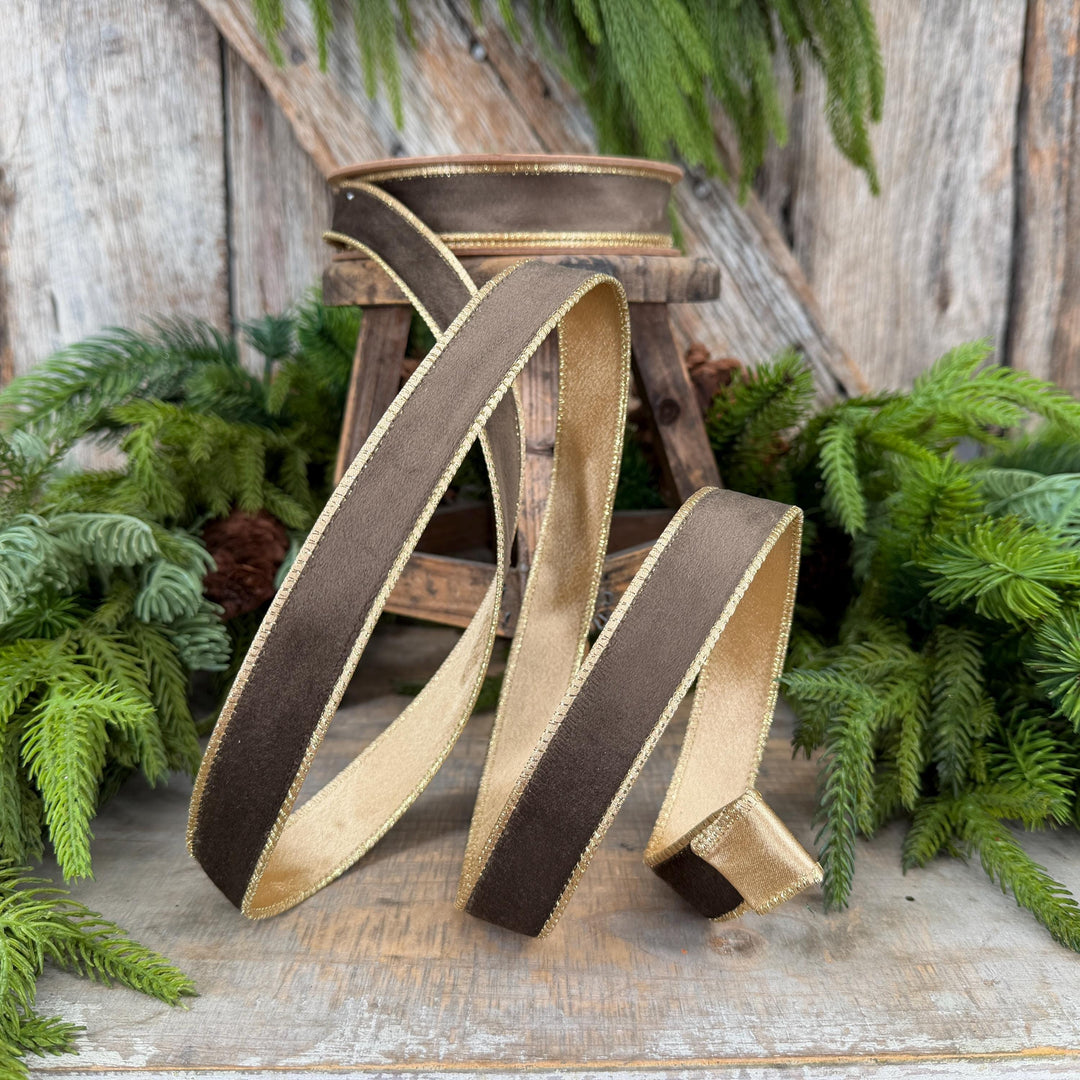 1" Taupe Brown Velvet RIbbon, Wired Ribbon, Brown Velvet Ribbon