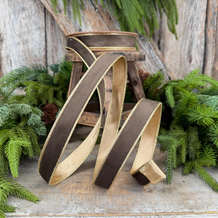 1" Taupe Brown Velvet RIbbon, Wired Ribbon, Brown Velvet Ribbon