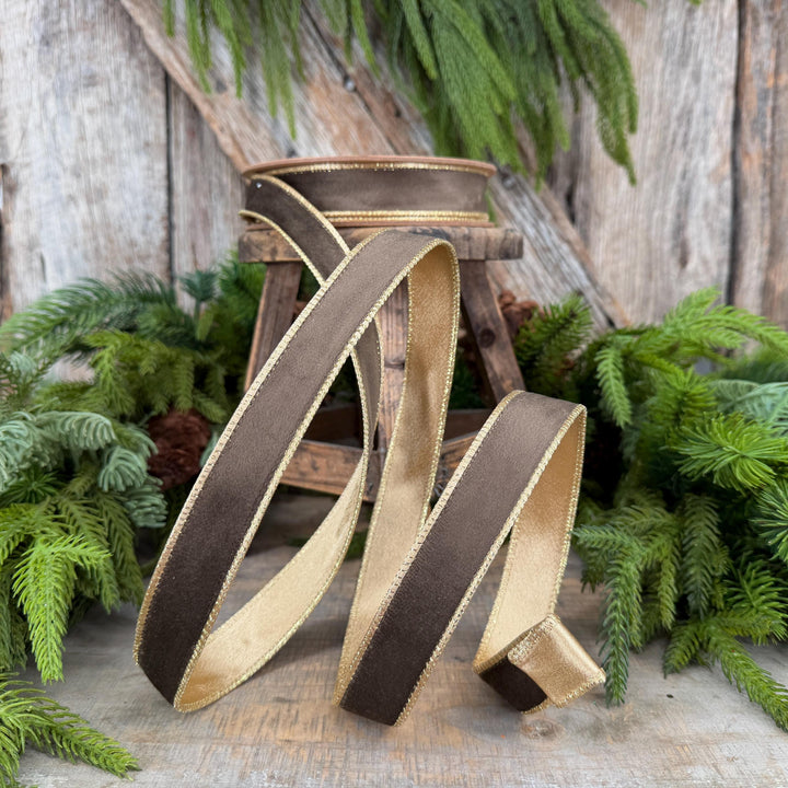1" Taupe Brown Velvet RIbbon, Wired Ribbon, Brown Velvet Ribbon
