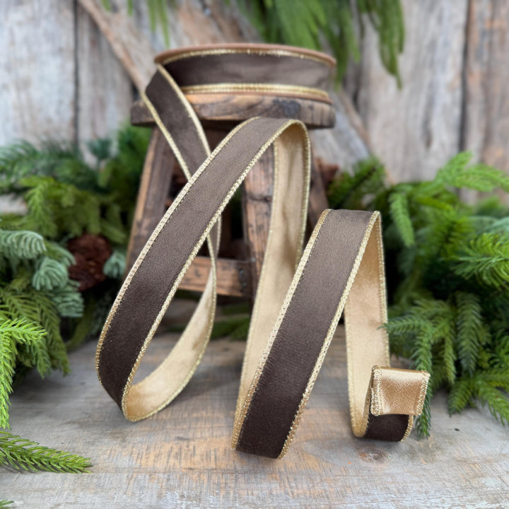 1" Taupe Brown Velvet RIbbon, Wired Ribbon, Brown Velvet Ribbon