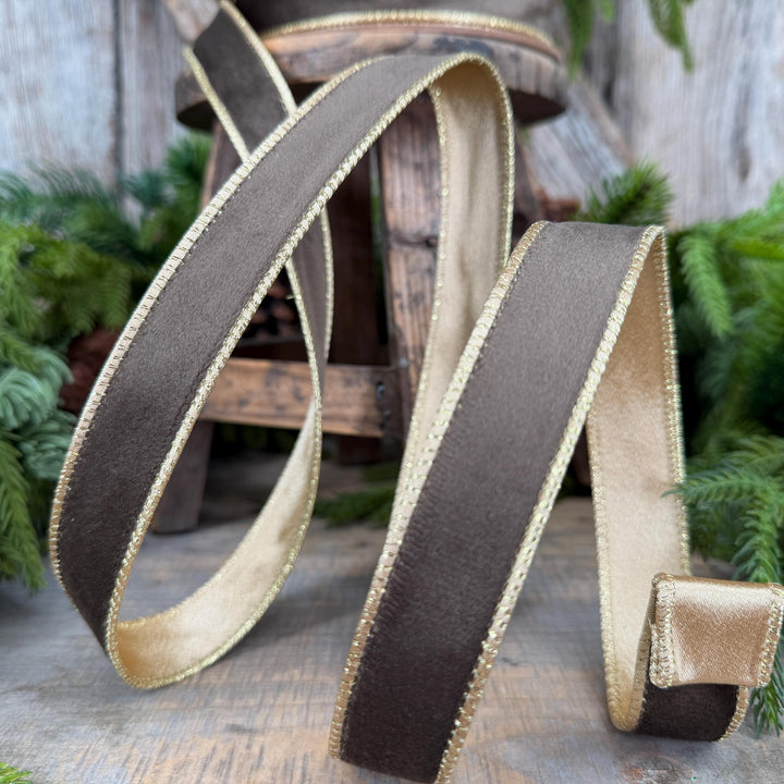 1" Taupe Brown Velvet RIbbon, Wired Ribbon, Brown Velvet Ribbon