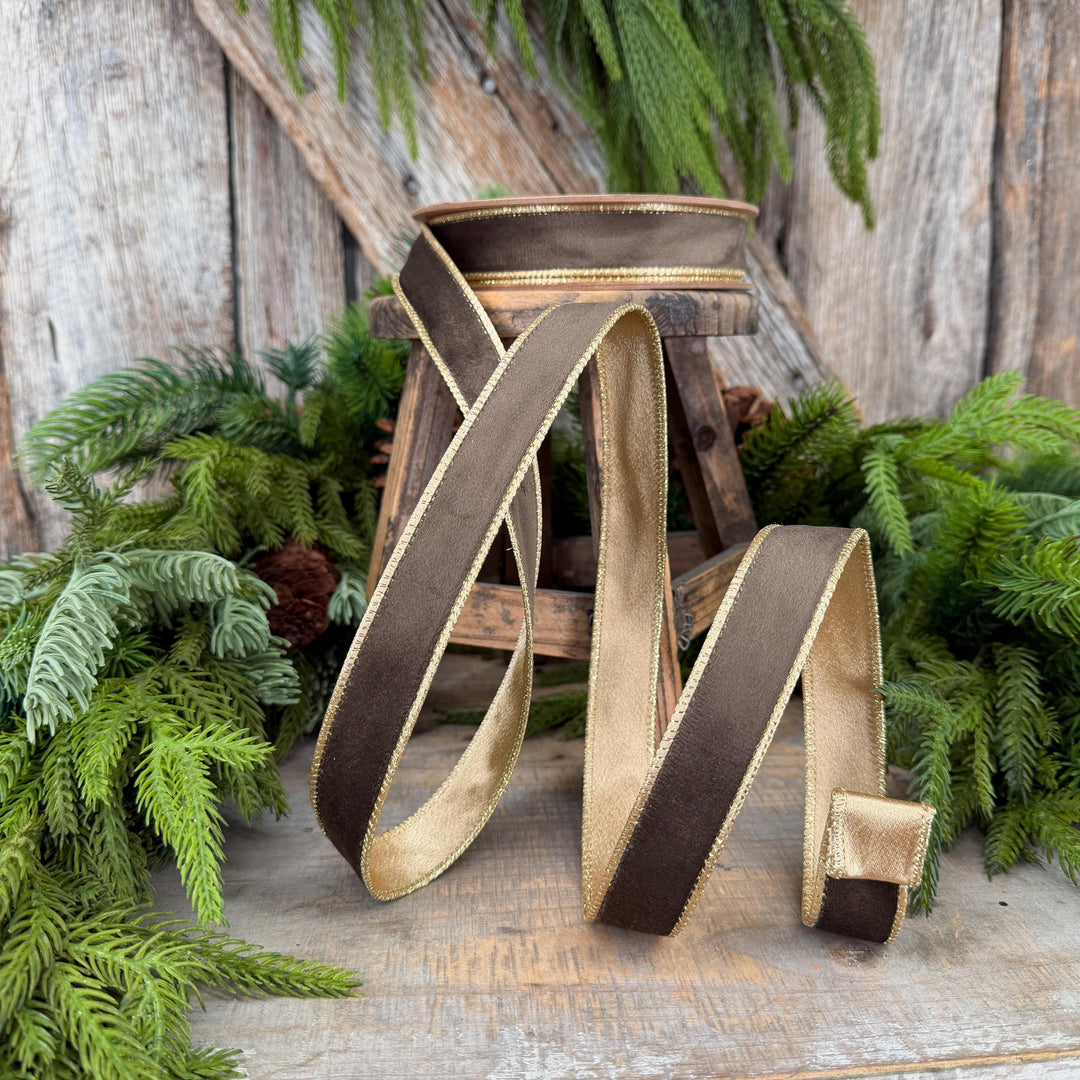 1" Brown Velvet RIbbon, Wired Ribbon