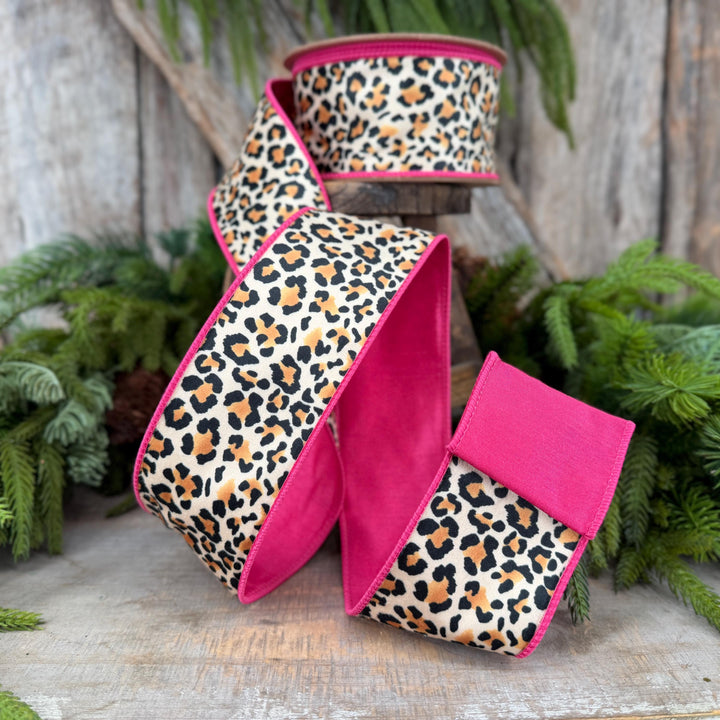 2.5" Leopard Velvet Wired Ribbon, Hot Pink Backing, 10 Yard Roll