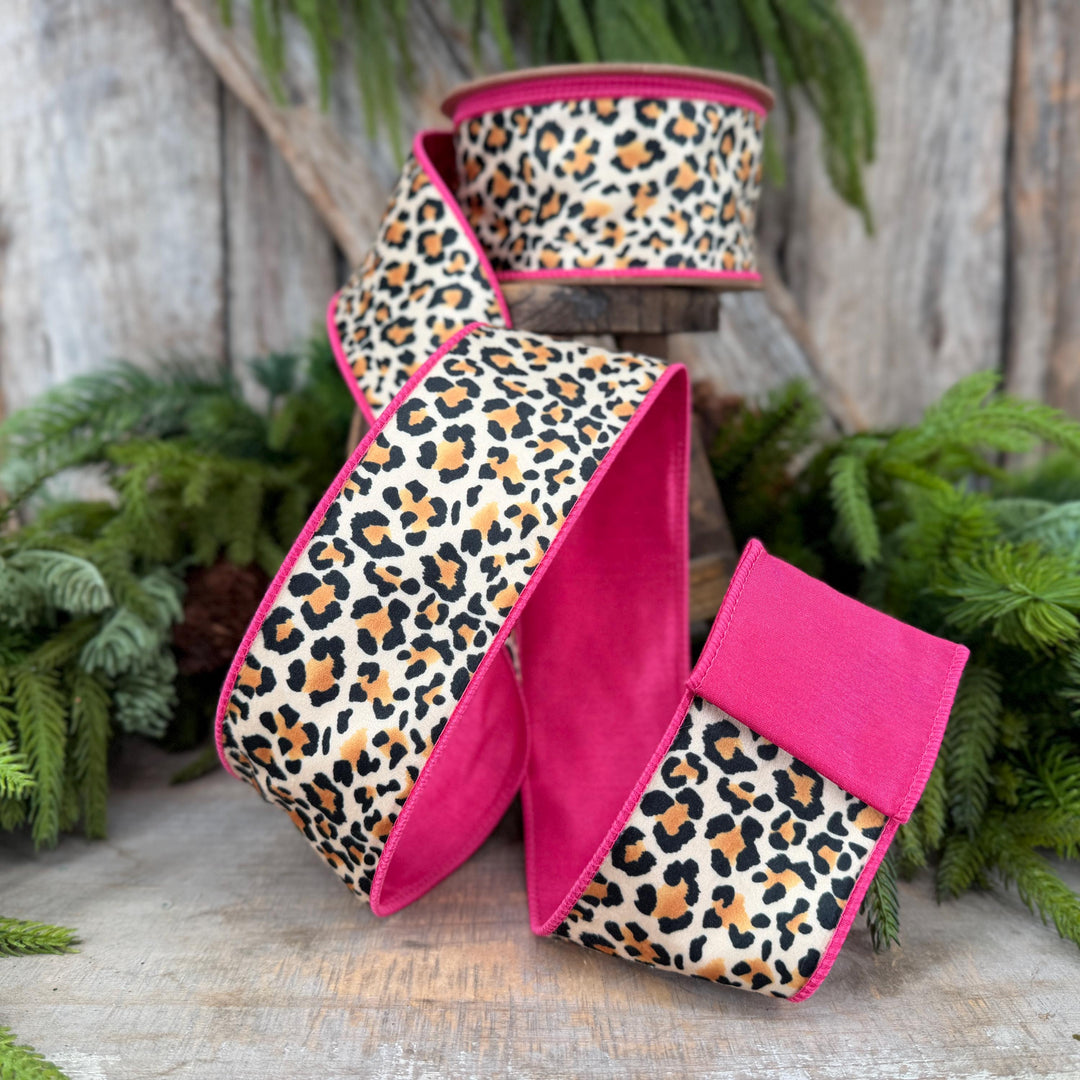 2.5" Leopard Velvet Wired Ribbon, Hot Pink Backing, 10 Yard Roll
