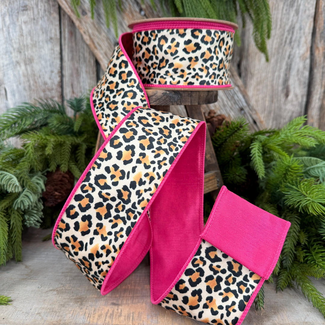 2.5" Leopard Velvet Wired Ribbon, Hot Pink Backing, 10 Yard Roll