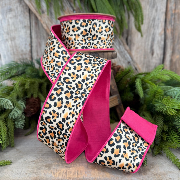 2.5" Leopard Velvet Wired Ribbon, Hot Pink Backing, 10 Yard Roll