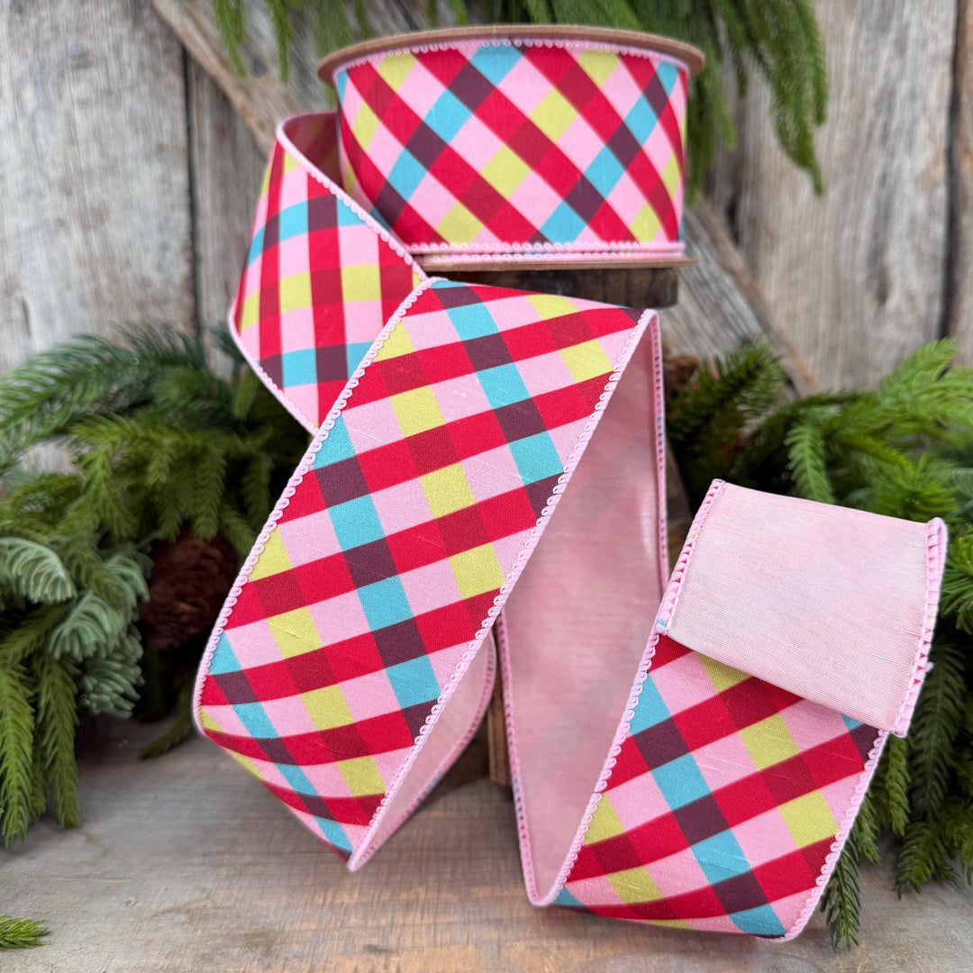 2.5" Pink Red Blue Christmas Plaid Wired Ribbon