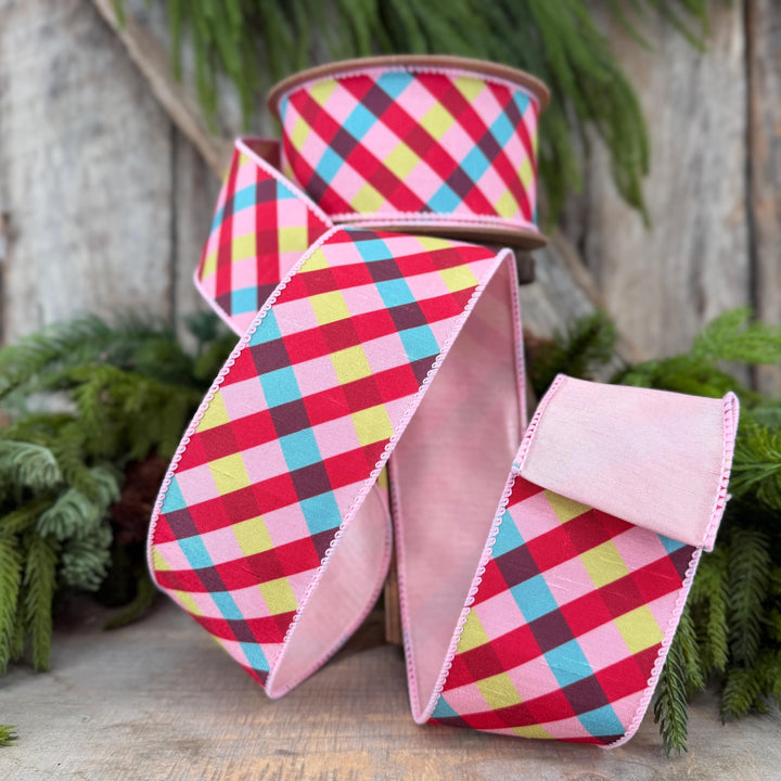2.5" Pink Red Blue Christmas Plaid Wired Ribbon