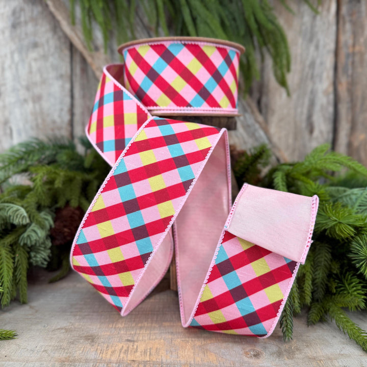 2.5" Pink Red Blue Christmas Plaid Wired Ribbon