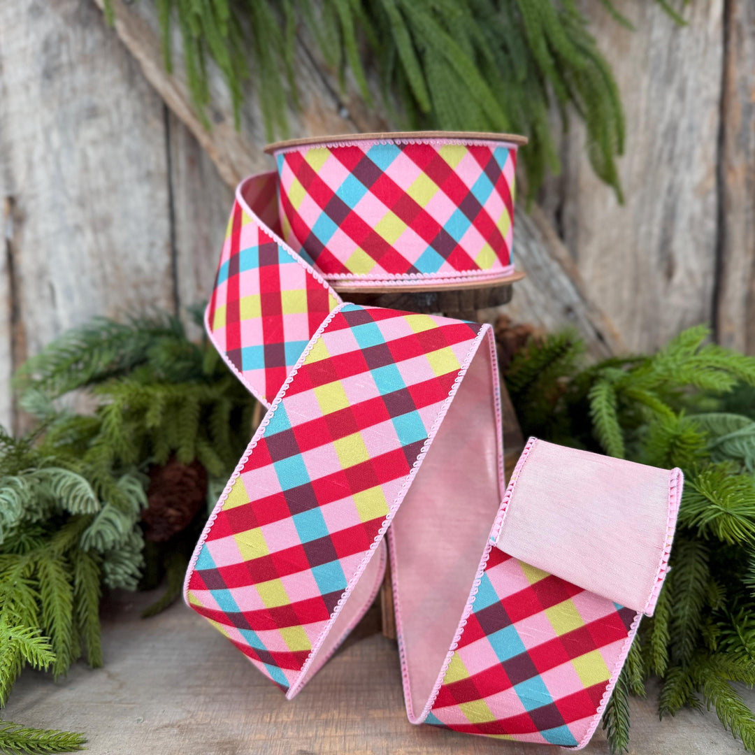 2.5" Pink Red Blue Christmas Plaid Wired Ribbon